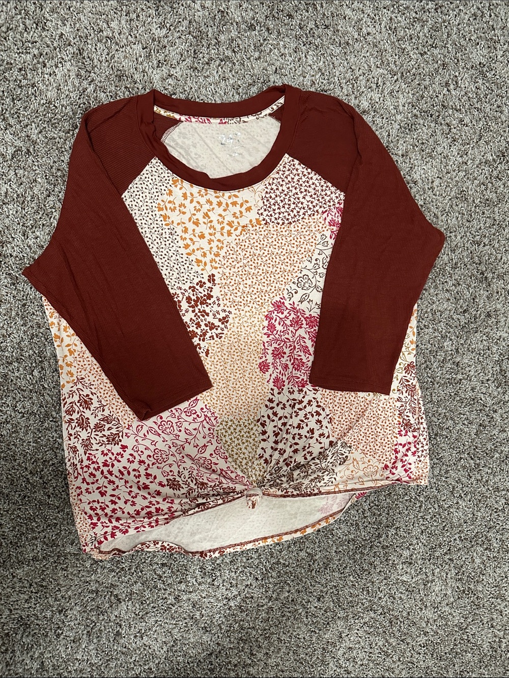 Patchwork Floral Raglan Knot-Front Long Sleeve Top - Rust
